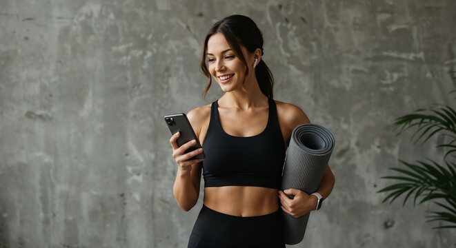 Smiling woman dressed in workout clothes checks her phone while holding a yoga mat indoors.

 - Powered by Adobe