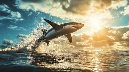 A great white shark leaping out of the ocean at sunset, creating a splash under dramatic clouds, showcasing nature's power and beauty