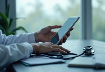 Obraz premium Doctor Using Tablet Computer with Stethoscope and Notepad
