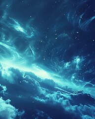 Obraz premium A mesmerizing cosmic scene featuring swirling clouds and a deep blue starry sky, evoking a sense of wonder and exploration in the vast universe.