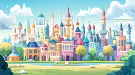 Fototapeta premium Colorful cartoon castle skyline sits on a grassy landscape