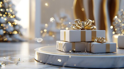 Stacked christmas gifts with gold ribbons on marble platform