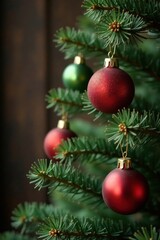 Fototapeta premium Vintage style red and green ornaments hung on a rustic wooden tree, tree, wood, rustic