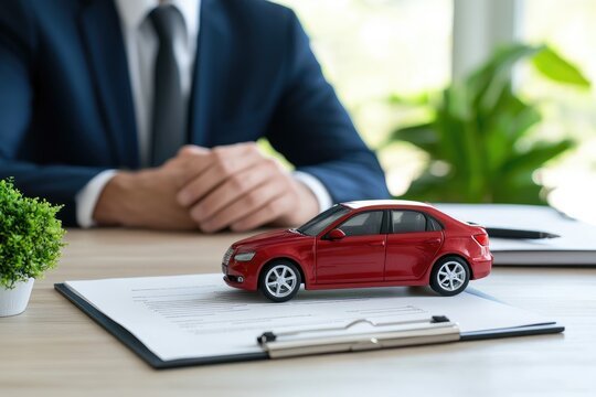 Close-up of a red toy car on a clipboard with paperwork, a businessman in the blurry background.