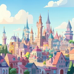Fototapeta premium Colorful fantastical cityscape with towers under a bright blue sky