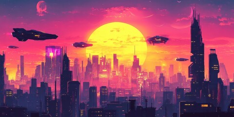 Fototapeta premium Futuristic cityscape illuminated by a bright sun and flying crafts