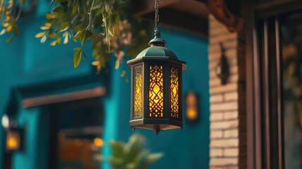 Elegant Lantern Hanging Near Vibrant Wall with Lush Greenery in Cozy Outdoor Setting