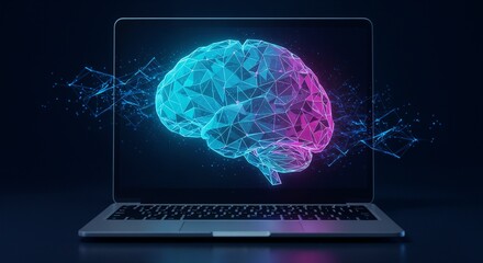 A glowing digital brain hologram depicted on a laptop screen, symbolizing artificial intelligence, innovation, and futuristic technology applied to computational systems and modern devices. 