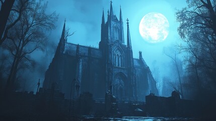 Obraz premium A spooky gothic cathedral stands bathed in the moonlight
