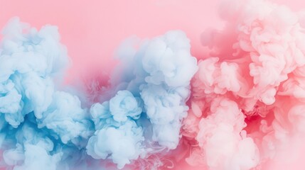 Fototapeta premium A vibrant, abstract blend of blue and pink smoke clouds against a soft background, creating a dreamy, ethereal atmosphere.