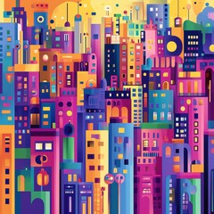 Colorful abstract cityscape with diverse buildings and bright colors