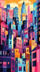 Colorful stylized cityscape with varied building shapes and sizes