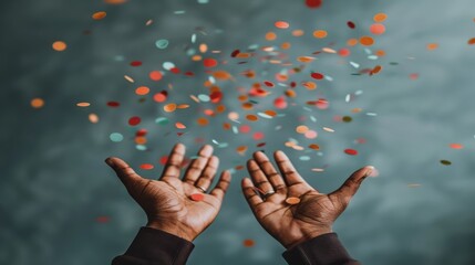 Hands toss colorful confetti into the air, creating a joyful atmosphere against a soft teal backdrop.