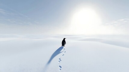 A lone penguin standing in a vast snow-covered landscape under a bright sun, creating a tranquil and serene atmosphere of solitude and beauty