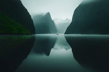 Misty Fjord Landscape: Serene Reflection of Mountains in Still Water