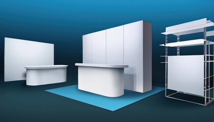 Vibrant and Versatile Trade Show Booth Mockup, Featuring a Sleek Rectangular and Square Design, Showcasing a Demonstration Table Side View, Perfect for Various Exhibition Themes