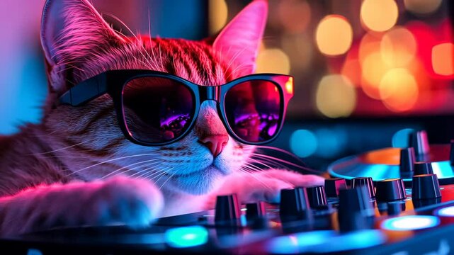 Cat DJs at a colorful party with sunglasses, creating vibrant music vibes in a lively atmosphere
