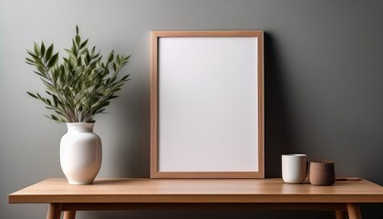 Obraz premium Blank Canvas Table Mockup in Minimalist White and Wood Tones, Evoking a Fresh, Inspiring Atmosphere Perfect for Digital Art, Home Decor, or Design Projects
