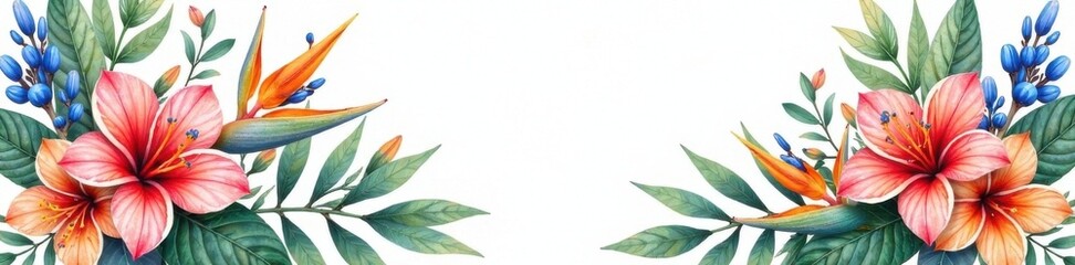 Fototapeta premium Watercolor floral arrangement with exotic flowers and foliage, leaves, watercolor, bees