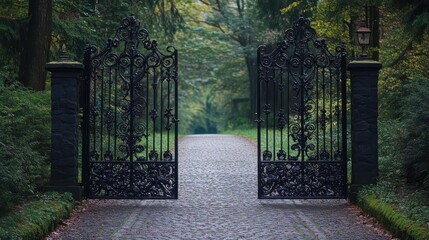 Ornate Black Iron Gates Open To A Forest Path