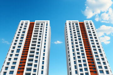 Obraz premium Two modern high-rise apartment buildings with a sleek white and orange exterior stand tall against a vivid blue sky with scattered clouds, symbolizing urban architecture and residential living
