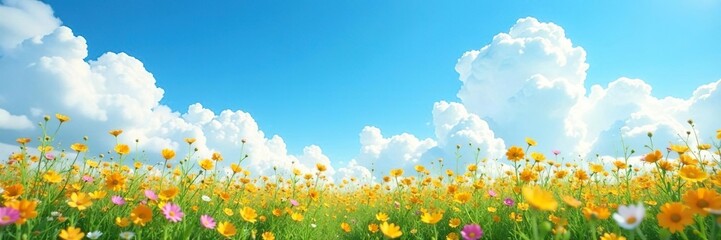 Fototapeta premium Blue sky with fluffy white clouds and a carpet of yellow and pink wildflowers, blooms, sky