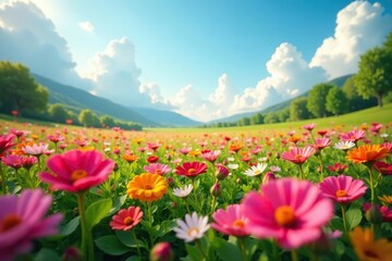Field of blooming flowers with rocket launch pad background, garden