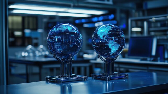 Two Digital Globes Displaying Global Data in a Modern Setting
