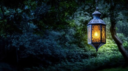 Hanging Lantern Illuminates Dark Forest with Intricate Patterns and Mystical Ambiance