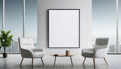 Bright and Spacious Office Ambiance A Chic White Mockup with Stylish Armchairs in a WellLit Open Space, Radiating Elegance and Minimalistic Vibrancy