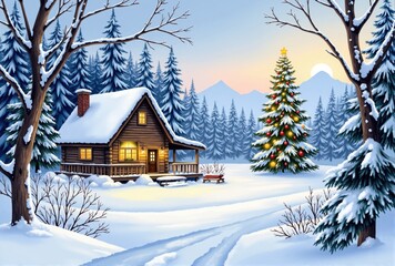 Winter Log Cabin and Decorated Christmas Tree in Snowy Forest