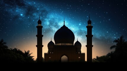 Majestic Silhouette of Mosque Against Starry Night Sky with Cosmic Background