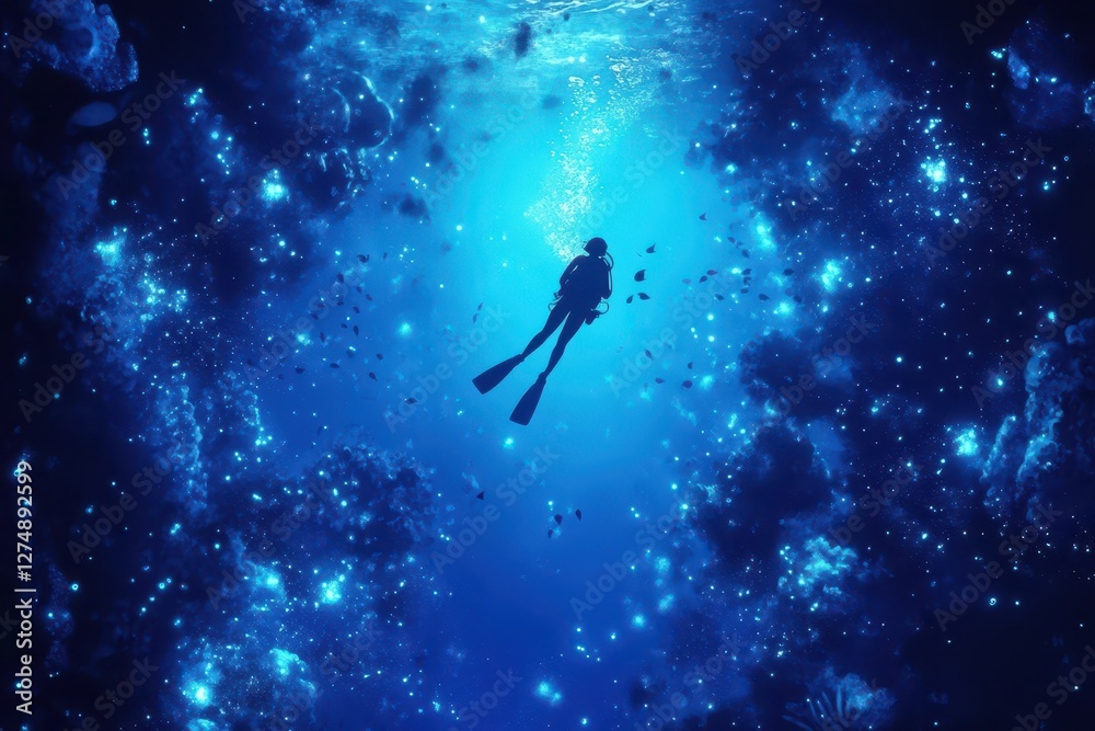 Sticker Scuba diver descends into a surreal deep blue underwater world