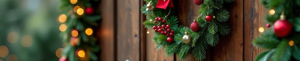 Festive wreaths and garlands on a rustic wooden door, decorations, natural, bokeh