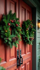 Fototapeta premium Festive holiday wreaths adorn rustic wooden doors with evergreen and pinecones, autumnal color palette, evergreen