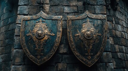 Ornate Medieval Shields Hanging on Stone Wall