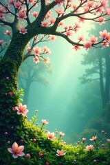 Delicate floral branches weave through a misty abstract tree background, ethereal blooms, dreamy forest, soft greens
