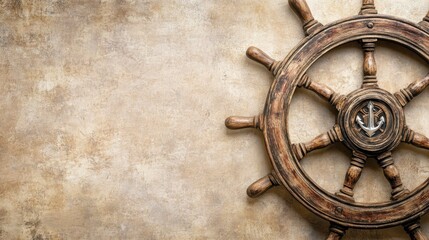 Fototapeta premium Vintage Ship Wheel Against Textured Background for Nautical Themes