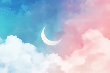 Crescent moon surrounded by pastel clouds and starlit sky