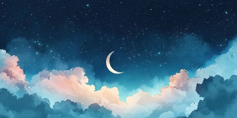 Night sky with crescent moon and dreamy pastel clouds
