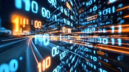 Fototapeta premium Digital highway data stream, city night, fast speed, binary code, tech concept