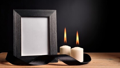 Melancholic Memento Dark Funeral Frame Illuminated by Burning Candles and Black Ribbon on a Somber Wooden Table Against a Stark Backdrop Poignant Symbol of Remembrance and Loss, Eliciting an