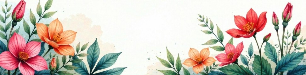 Watercolor painting of a botanical garden with flowers and leaves , greenery, botanical, watercolor