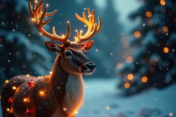 festive reindeer with gold antlers amidst Christmas lights, shining, antler