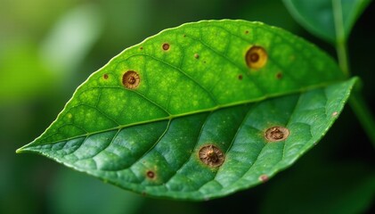Large green leaf with brown spots on a plant stem, botanical decay, fungus spot, leaf spotting disease