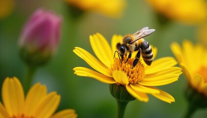 Yellow and black striped bee collecting pollen from colorful flowers, nectar, yellow, greenery