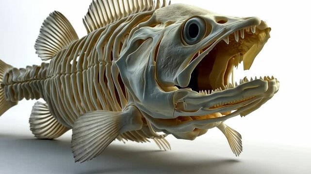 Intricate skeletal structure of a large fish displayed in a scientific exhibition, emphasizing biological features and details