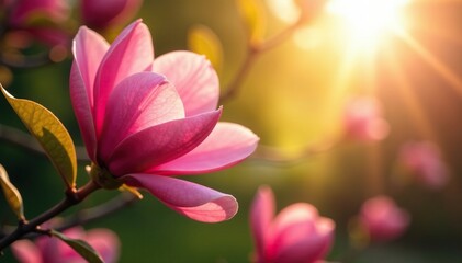Fototapeta premium Large and showy pink magnolia flowers blooming in the morning sun, flowers, greenery