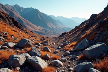 Iron ore rich boulders scattered on a hillside, nature landscapes, rocky terrain, geology