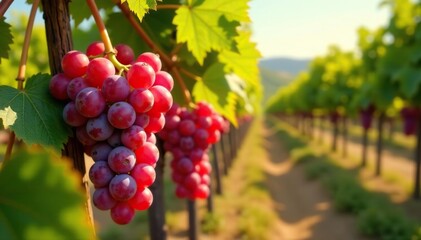 Red grapes ripening in the sun on a vineyard trellis, ripening, vines